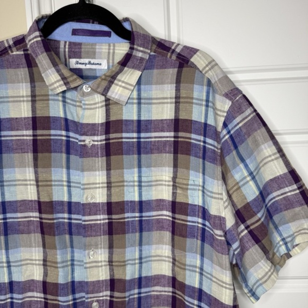 Tommy Bahama Linen Blend Shirt Men's Size Large Purple Beige Plaid‎ Short Sleeve